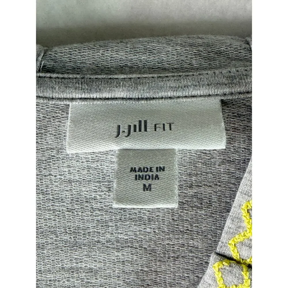 J. Jill Fit Long Sleeve Hoodie Embroidered Pullover Knit Tunic Gray Yellow Med